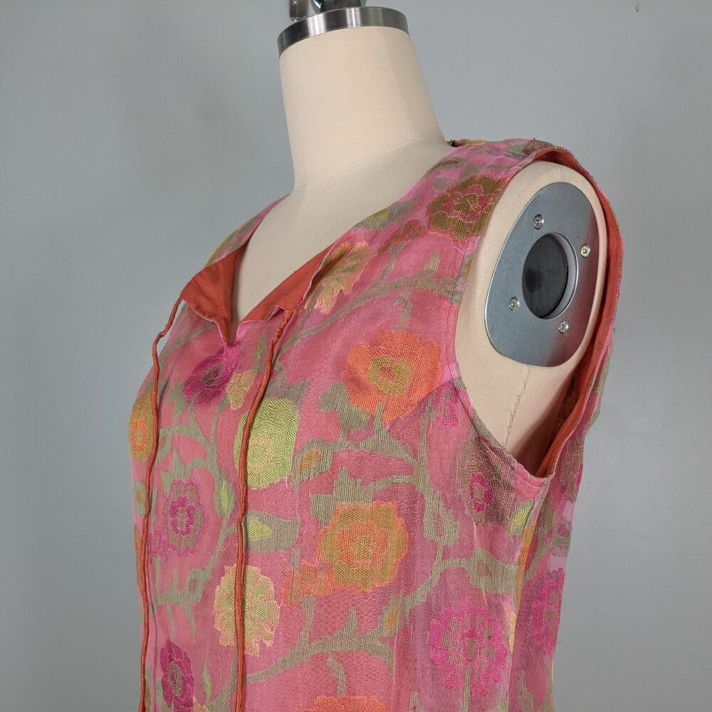 Floral Midi Dress Cotton Silk Handmade Tibet Tie Pink Green Orange Yellow M - Picture 2 of 9